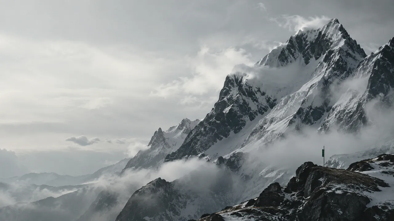 Quiet alpine landscape with a geometric modern structure