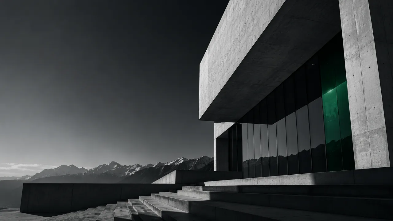 Brutalist concrete architecture overlooking an alpine mountain range